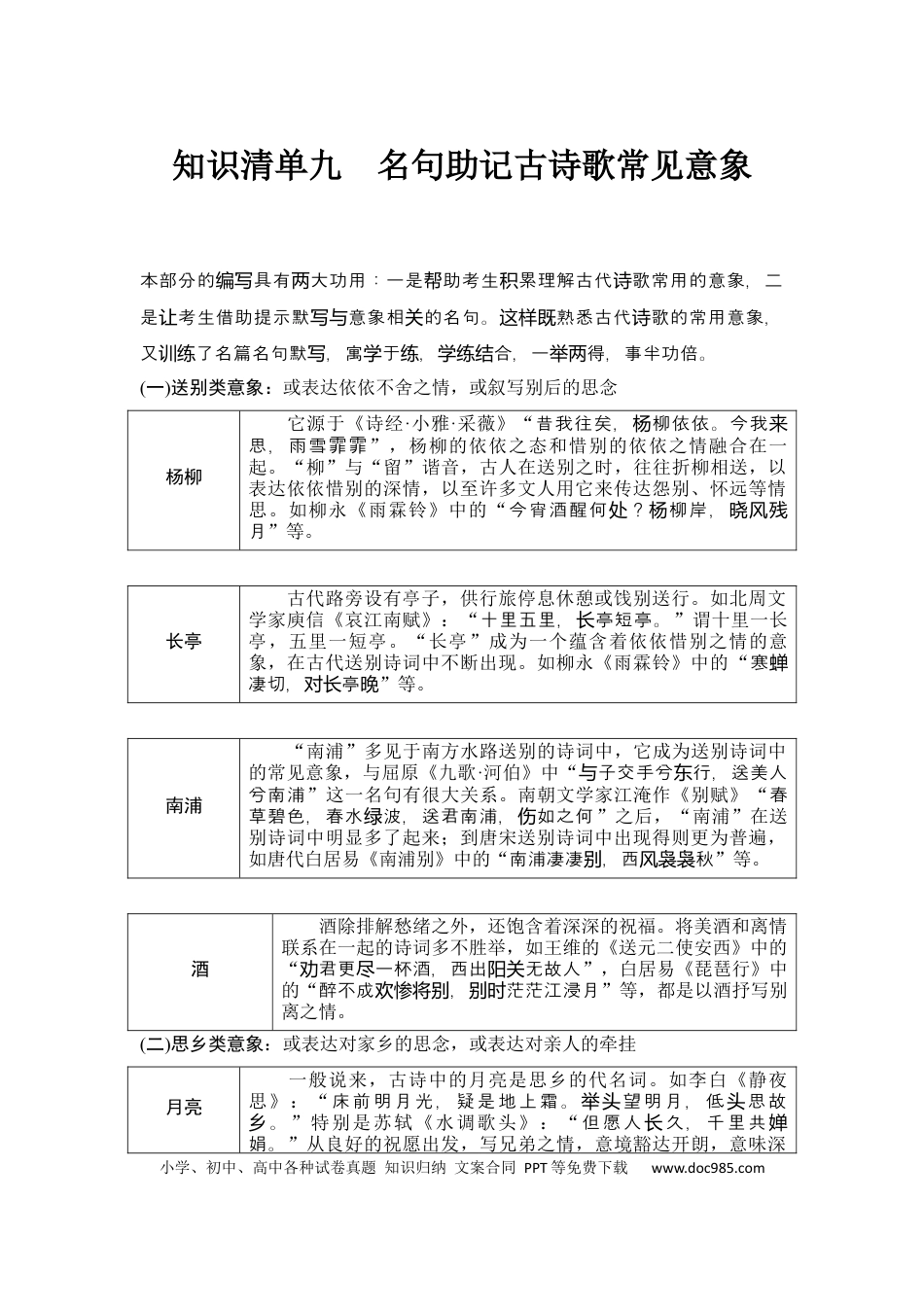 高考语文 知识清单 第2部分 古代诗文阅读 知识清单9  名句助记古诗歌常见意象.docx