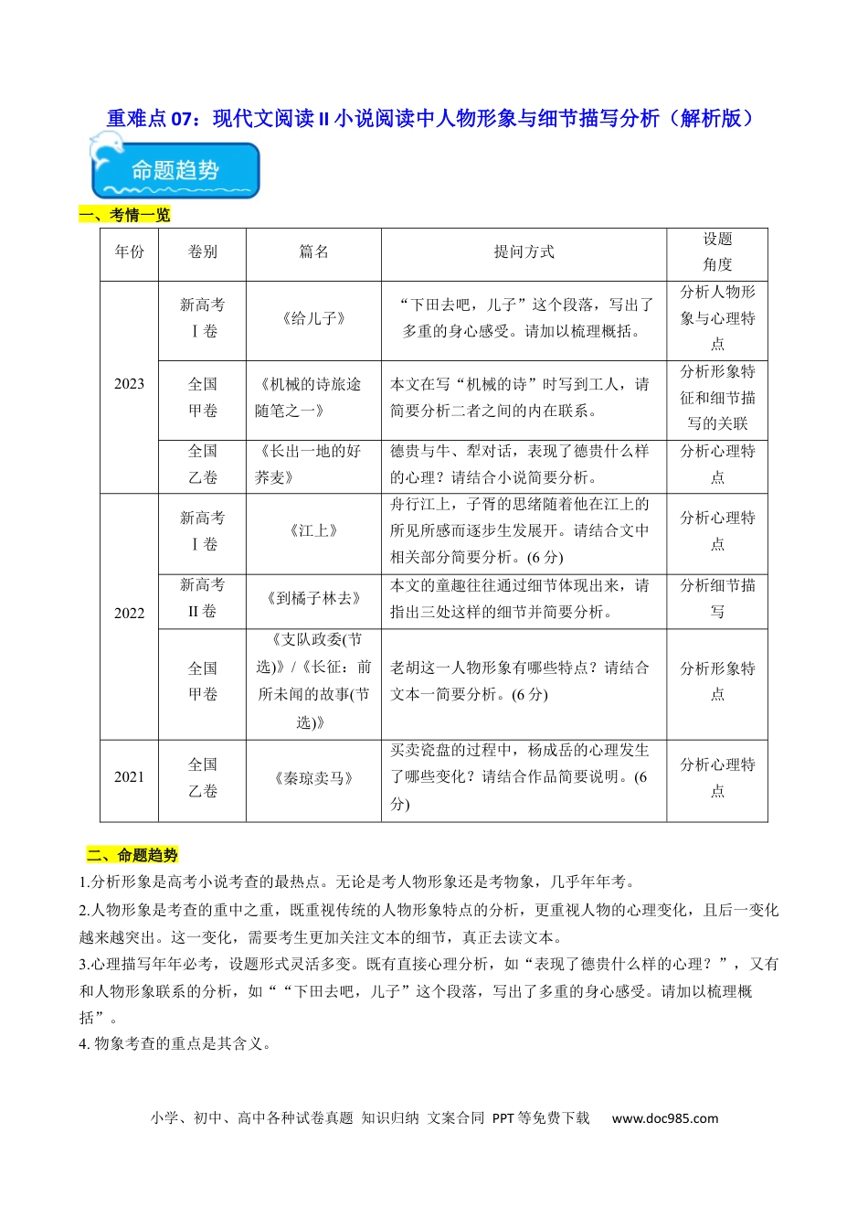 高考语文 重难点07 现代文阅读II小说阅读中人物形象与细节描写分析（解析版）(1).docx