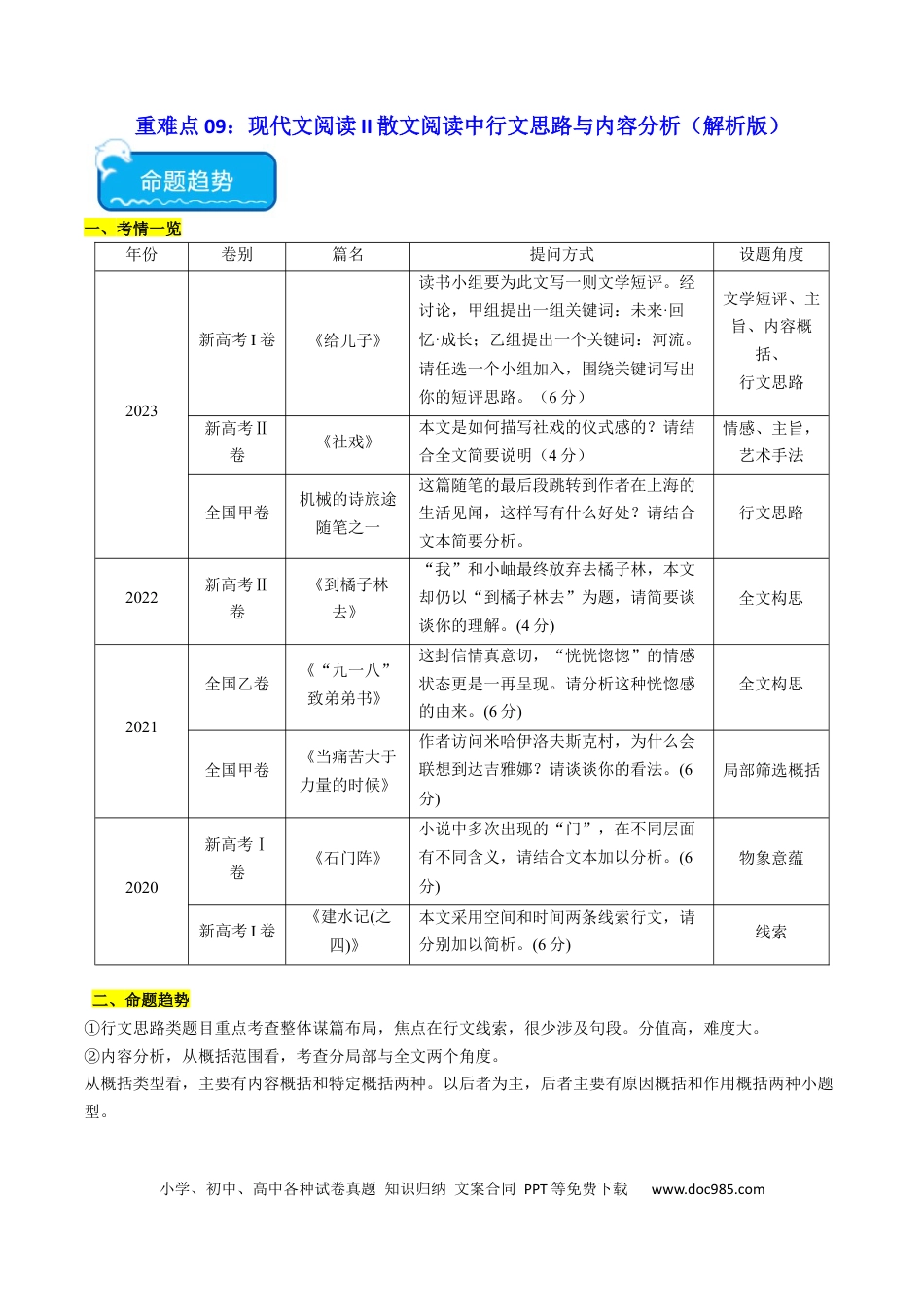 高考语文 重难点09 现代文阅读II散文阅读中行文思路与内容分析突破（解析版） (1).docx
