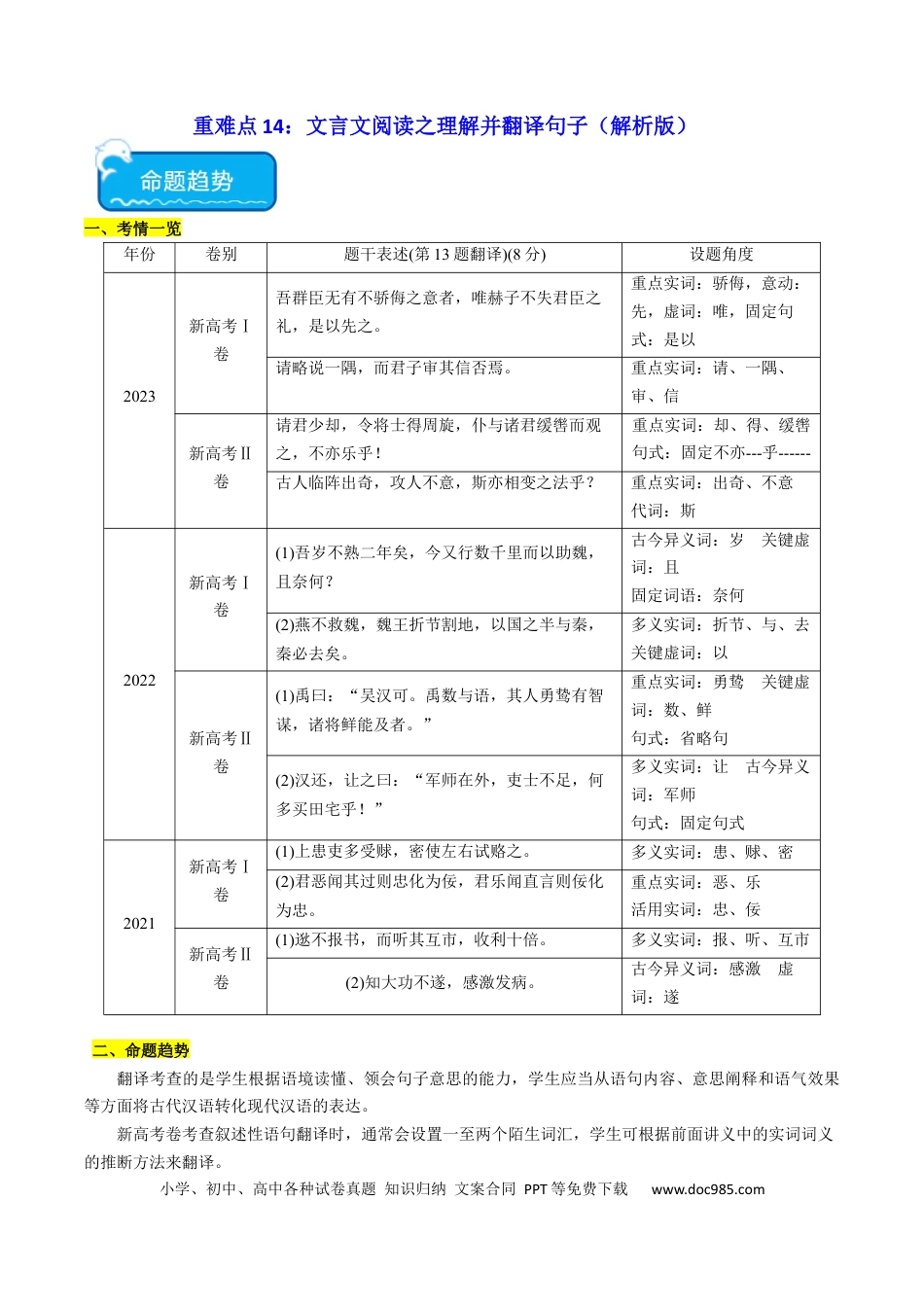 高考语文 重难点15：文言文阅读之理解并翻译文中句子（解析版）(1).docx