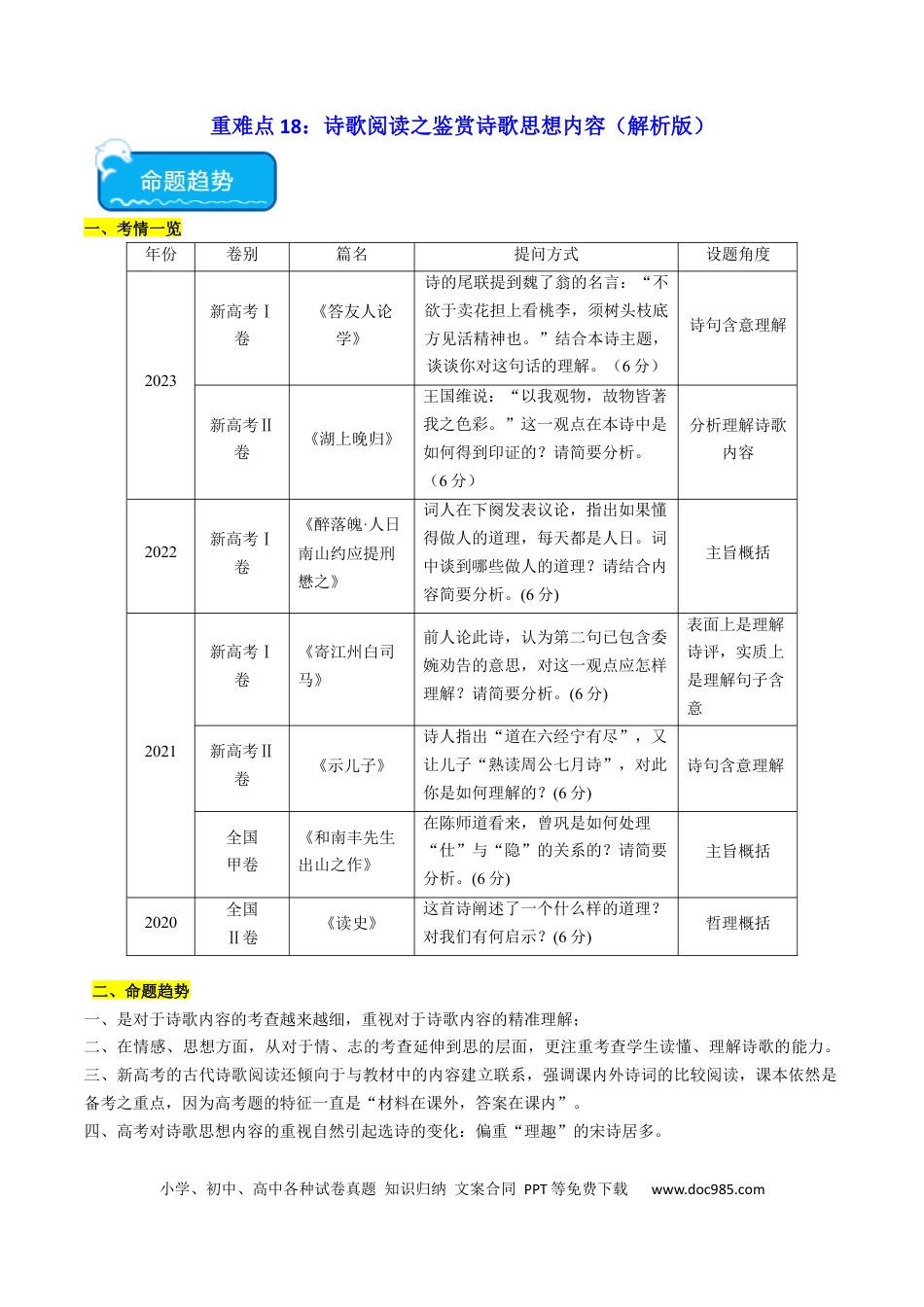 高考语文 重难点18：诗歌阅读之鉴赏诗歌思想内容（解析版）(1).docx