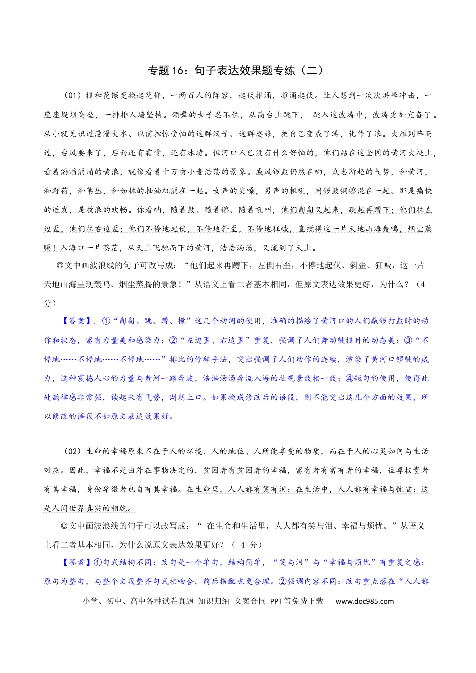 高考语文 专题16：句子表达效果题专练（二）-2023年高考语文语言文字运用题重点突破 (2).docx