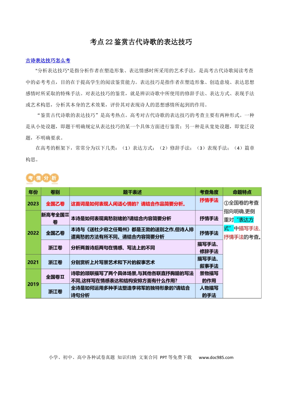 高考语文 专题22+鉴赏古代诗歌的表达技巧（讲义）-2024年高考语文二轮复习讲练测（新教材新高考） (1).docx