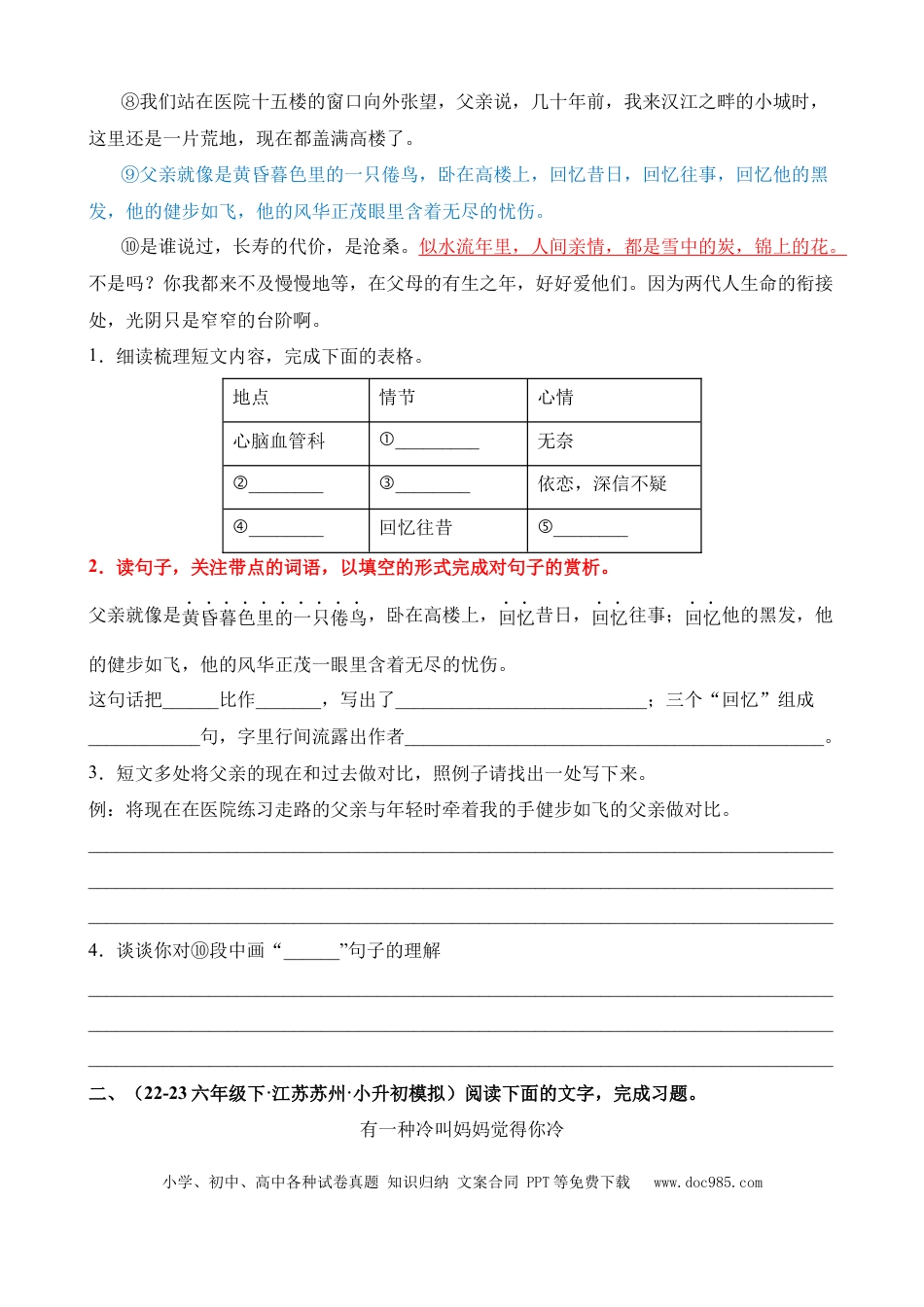 小升初语文总复习【讲练测-记叙文阅读】专题06 体会重点词语的表达效果（练习）.docx