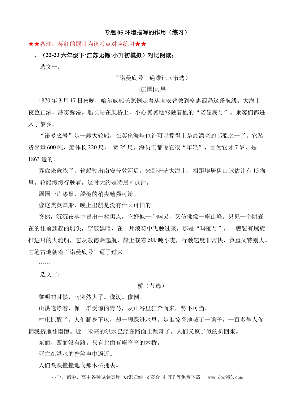 小升初语文总复习【讲练测-记叙文阅读】专题05 环境描写及其作用（练习）.docx