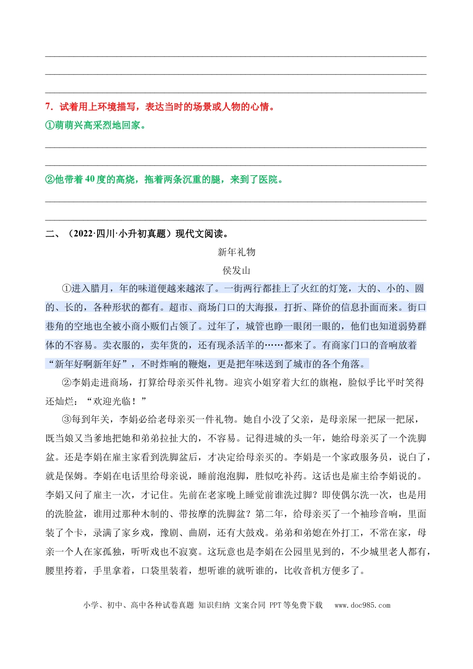小升初语文总复习【讲练测-记叙文阅读】专题05 环境描写及其作用（练习）.docx