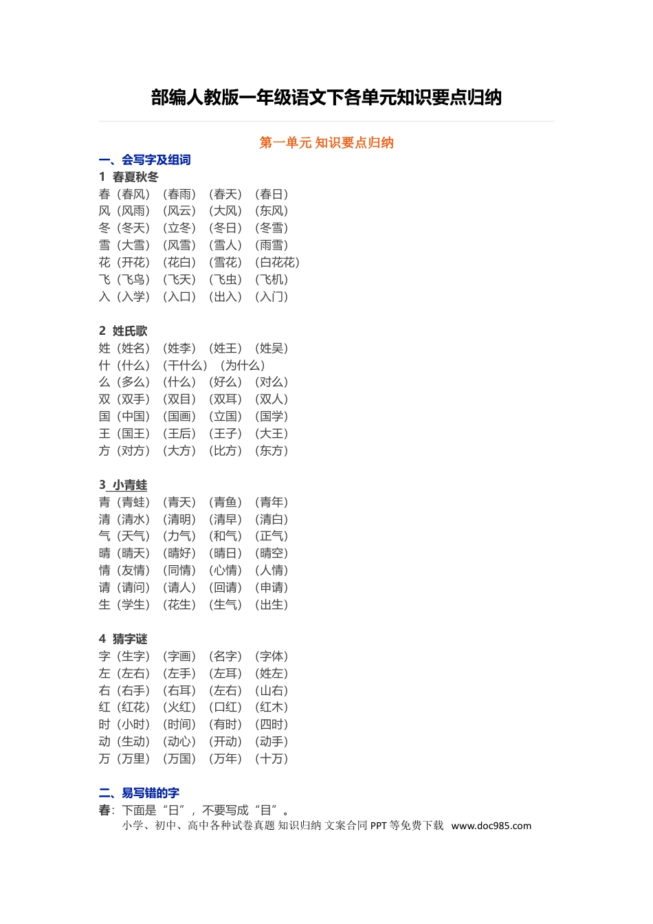 【知识点归纳总结】人教小学语文 1年级下人教小学语文1.doc