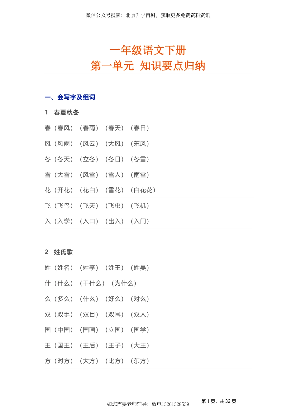 【知识点归纳总结】人教小学语文 1年级下人教小学语文1.pdf