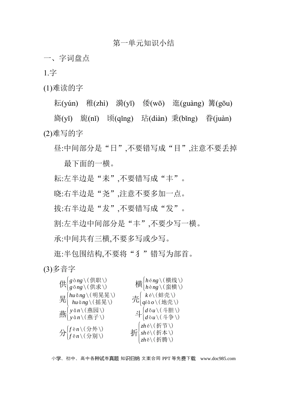人教小学语文5下 单元知识点小结第一单元知识小结.docx