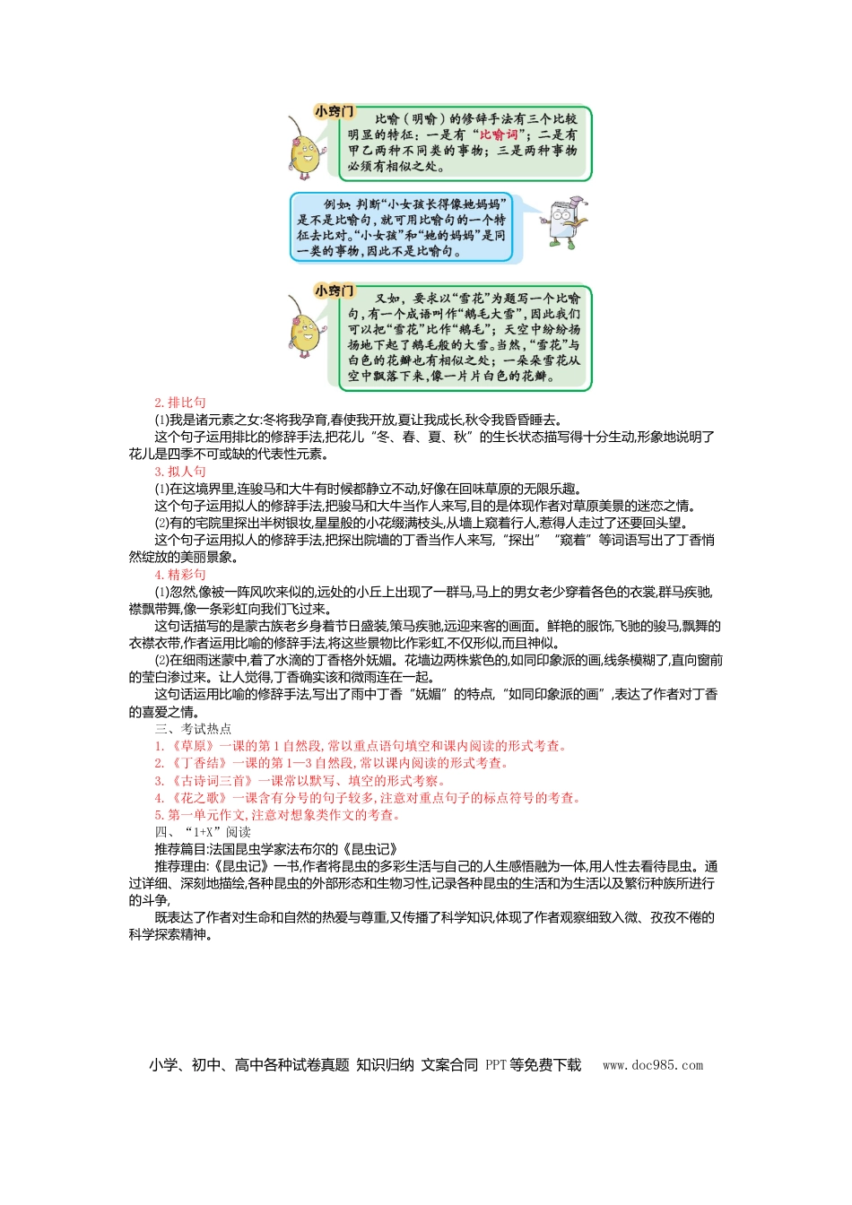 人教小学语文6上 单元知识点小结第一单元知识小结.doc