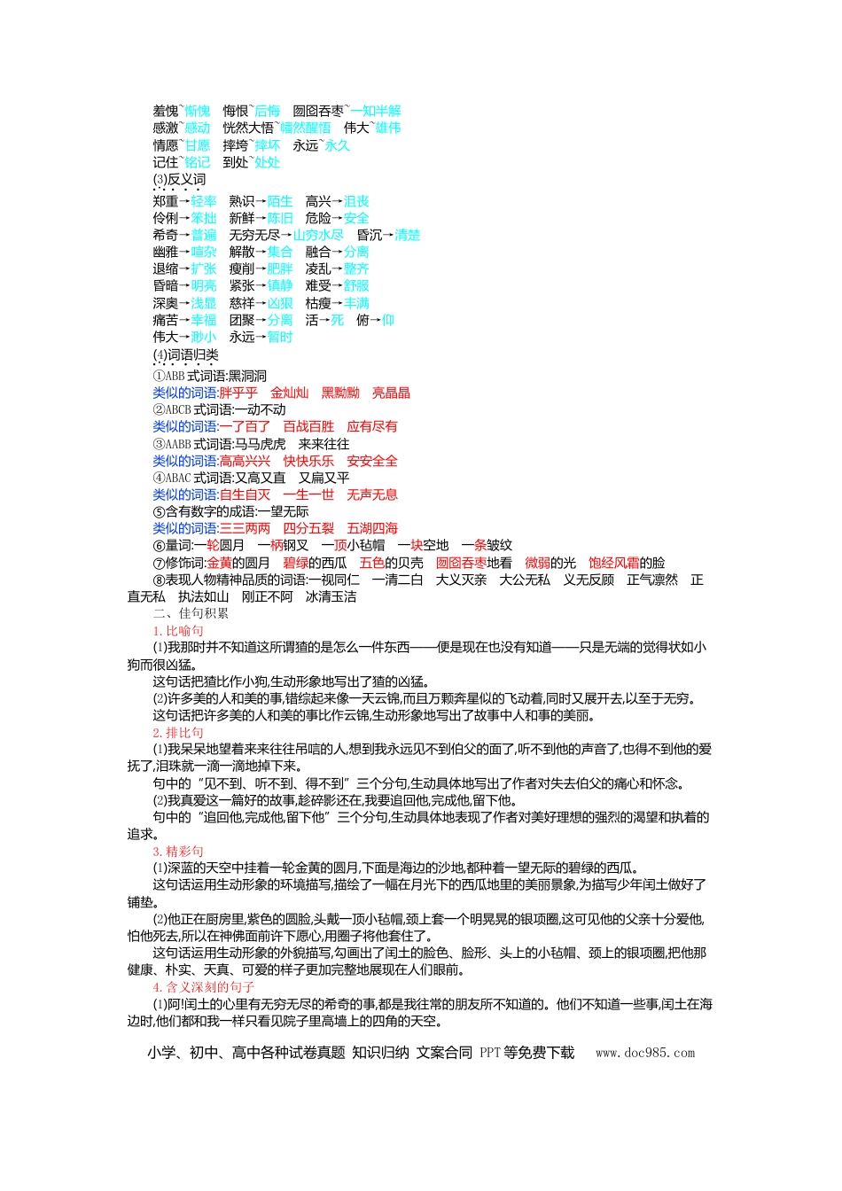 人教小学语文6上 单元知识点小结第八单元知识小结.doc