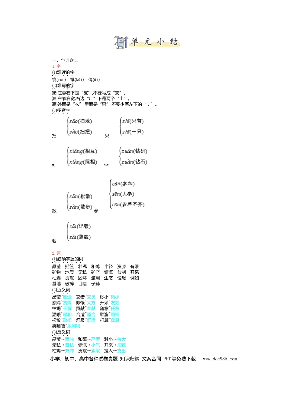 人教小学语文6上 单元知识点小结第六单元知识小结.doc