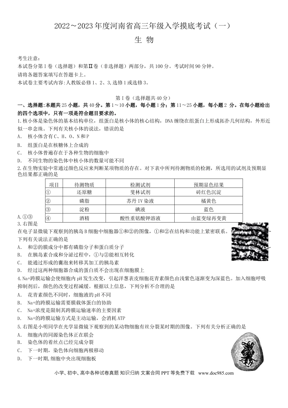 2022-2023年度河南高三入学摸底考试（一）生物含答案.docx