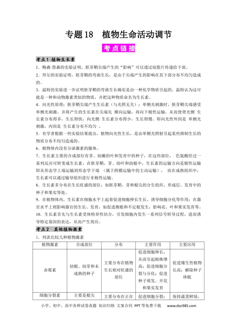 专题18 植物生命活动调节（原卷版） .docx