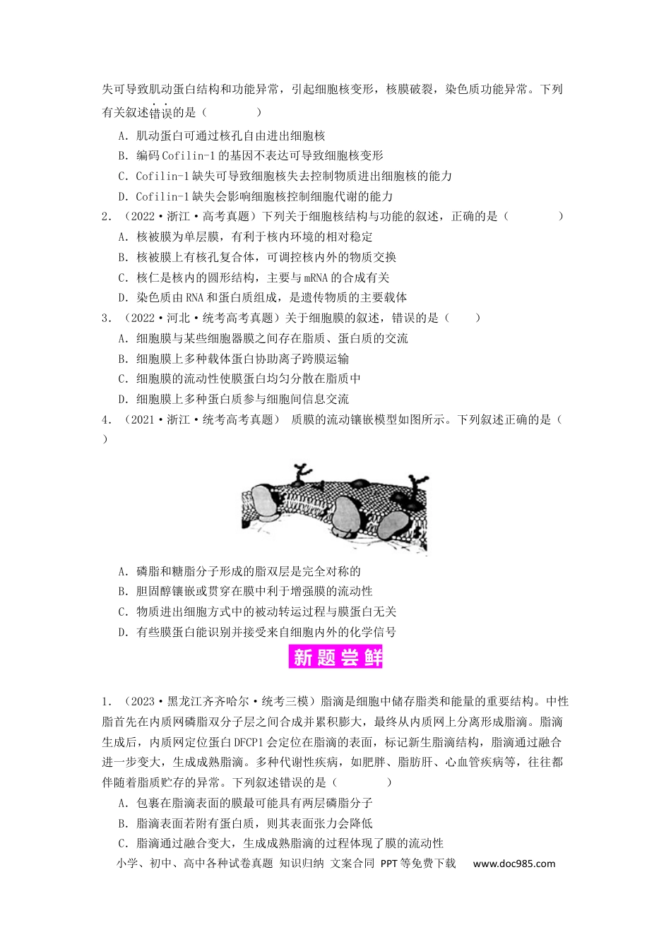 专题05 细胞膜与细胞核（原卷版）.docx