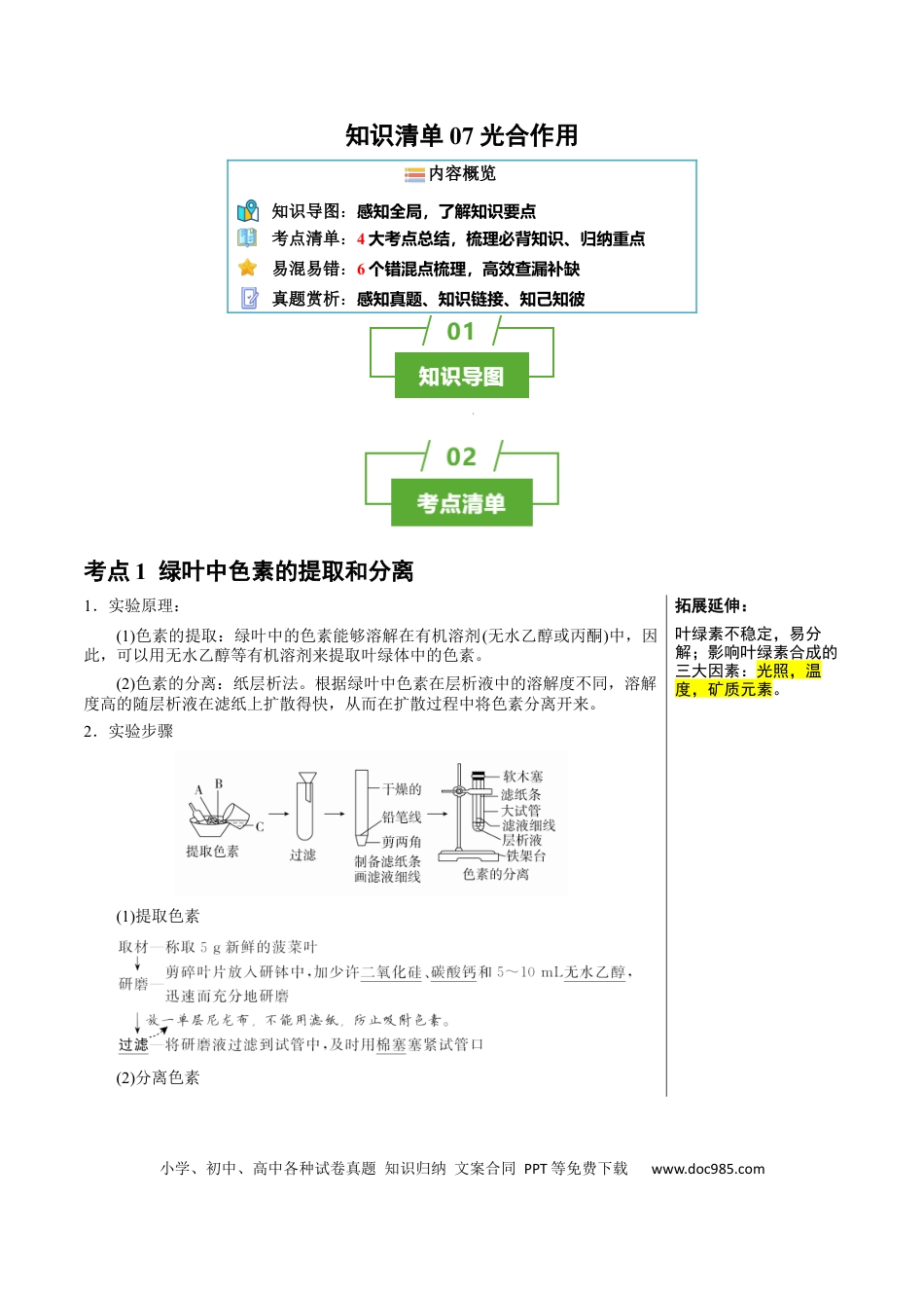 知识清单07+光合作用（4大考点+6个易错点）-【上好课】2025年高考生物一轮复习知识清单.docx