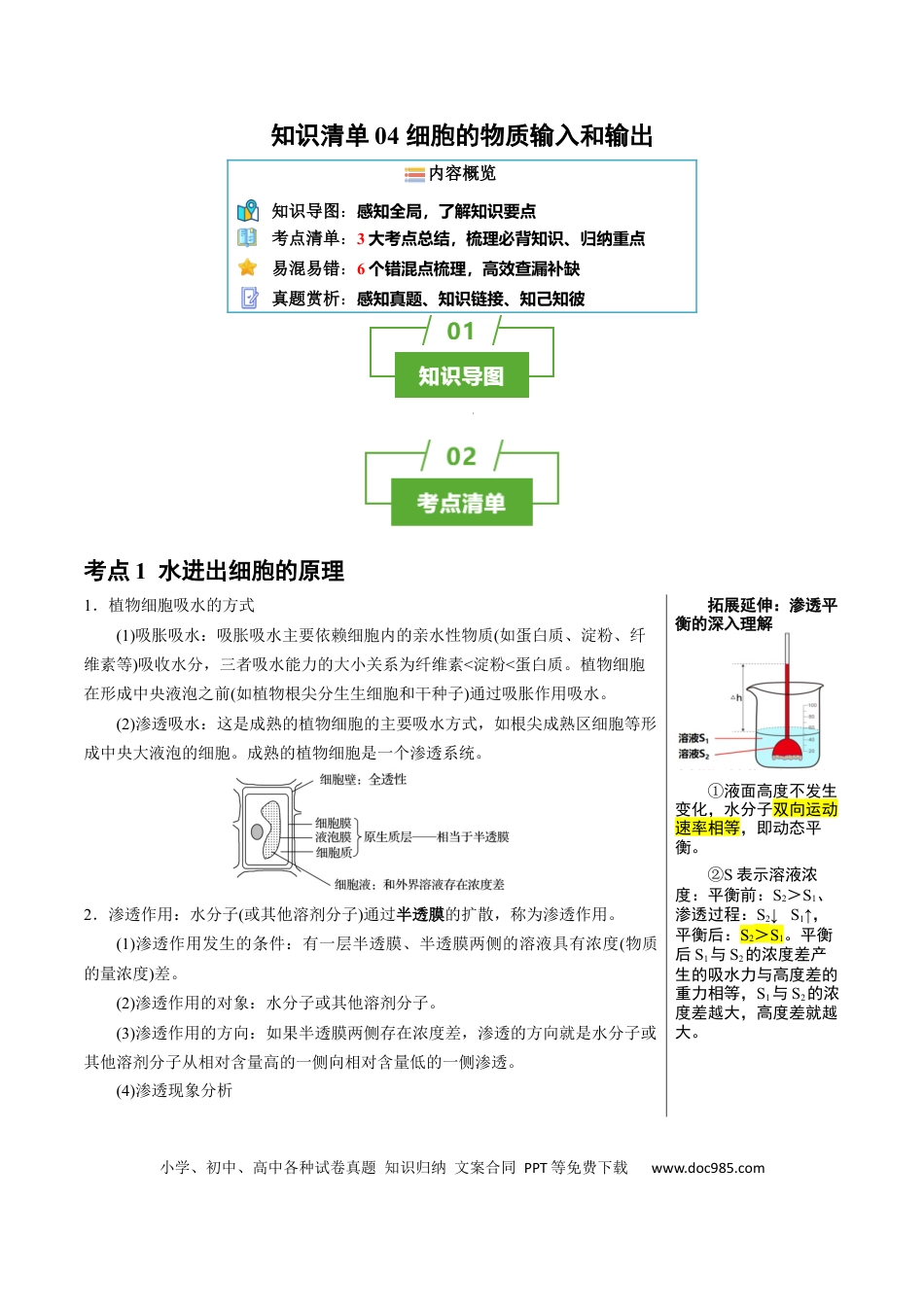 知识清单04+细胞的物质输入和输出（3大考点+6个易错点）-【上好课】2025年高考生物一轮复习知识清单.docx