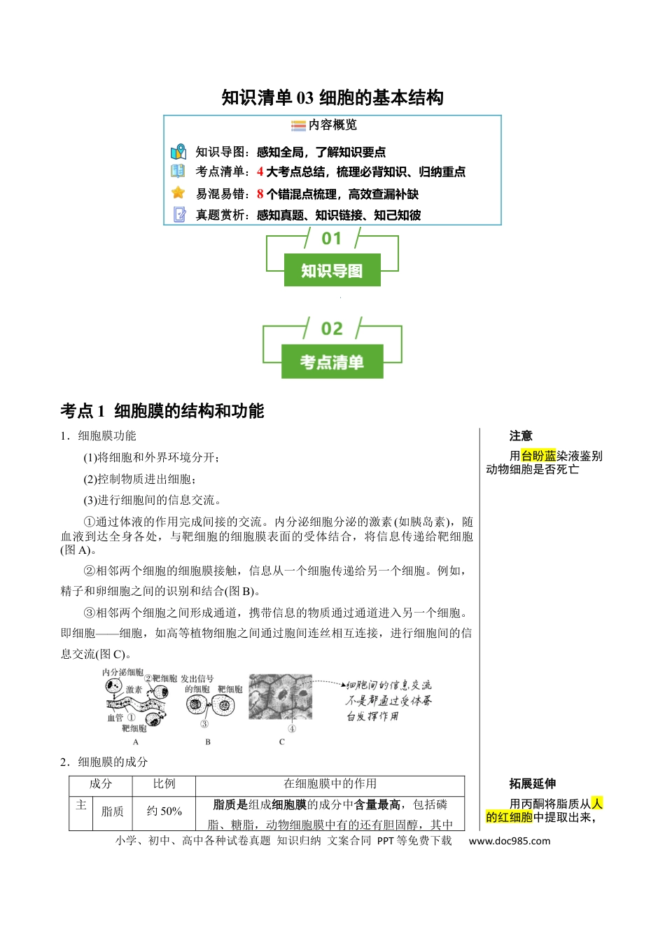 知识清单03+细胞的基本结构（4大考点+8个易错点）-【上好课】2025年高考生物一轮复习知识清单.docx