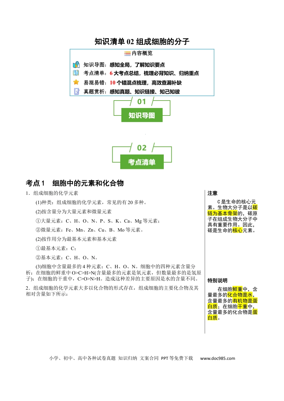 知识清单02+组成细胞的分子（6大考点+10个易错点）-【上好课】2025年高考生物一轮复习知识清单.docx