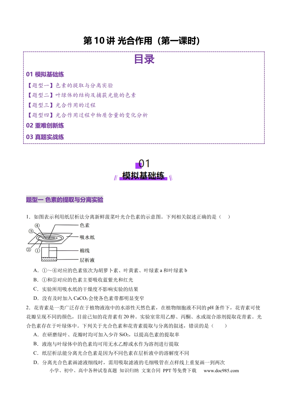 第10讲 光合作用（第一课时）（练习）（原卷版）.docx