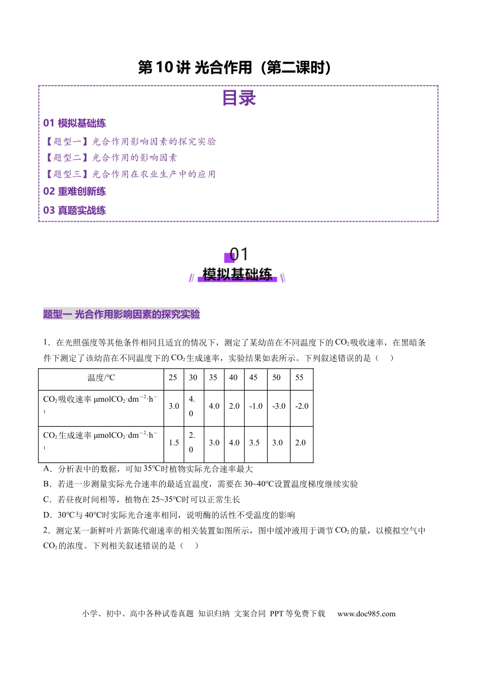 第10讲 光合作用（第二课时）（练习）（原卷版）.docx