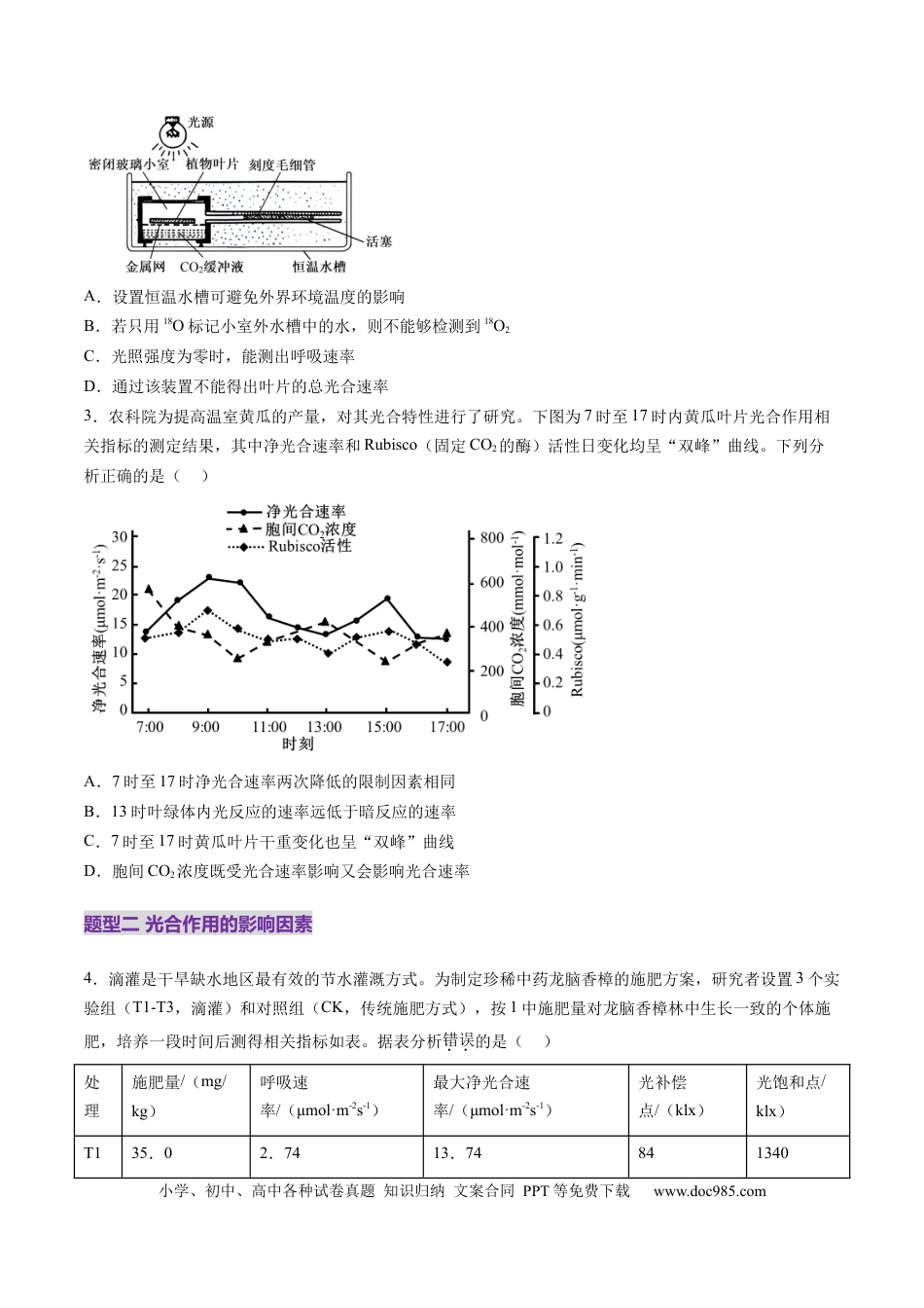 第10讲 光合作用（第二课时）（练习）（原卷版）.docx
