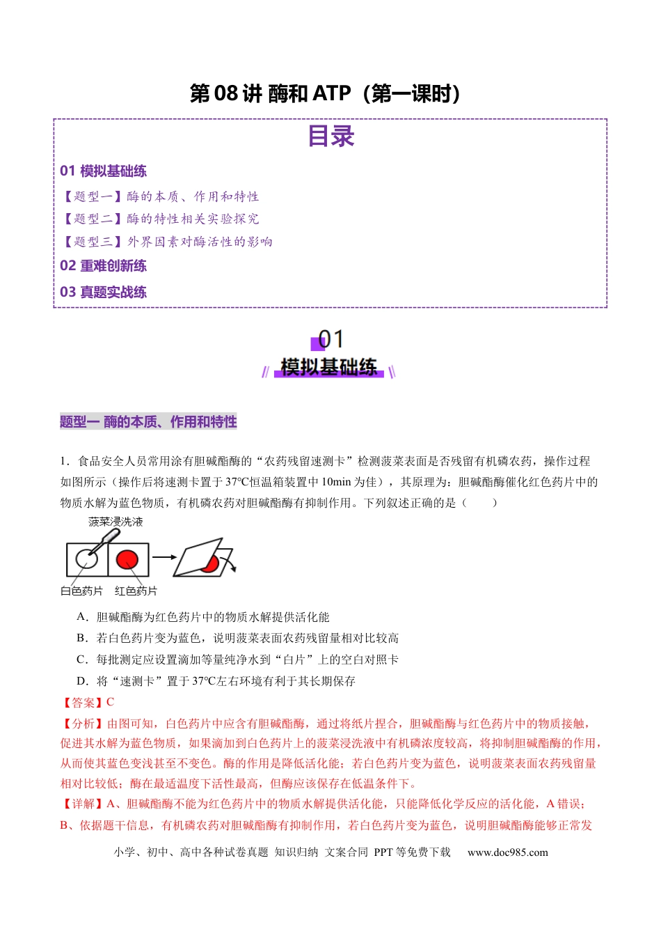 第08讲 酶和ATP（第一课时）（练习）（解析版）.docx