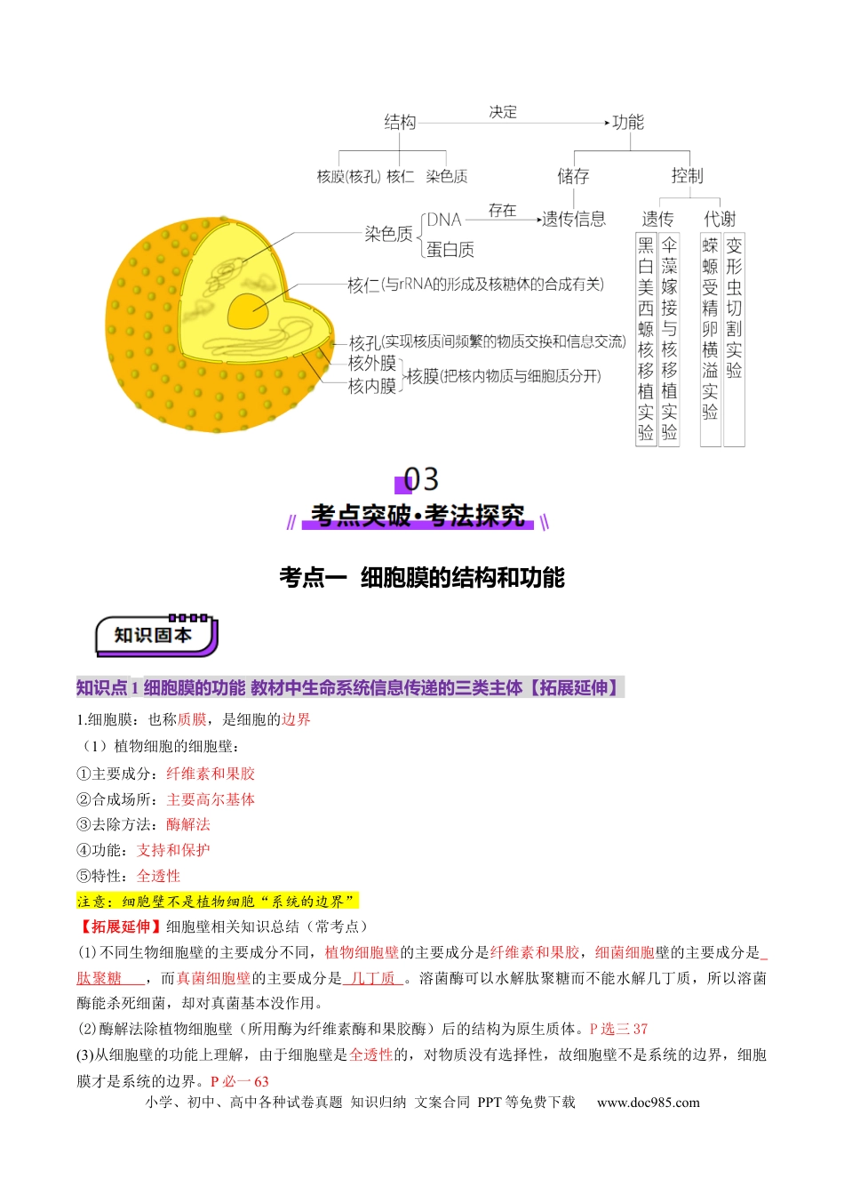 第05讲 细胞膜和细胞核（讲义）（原卷版）.docx
