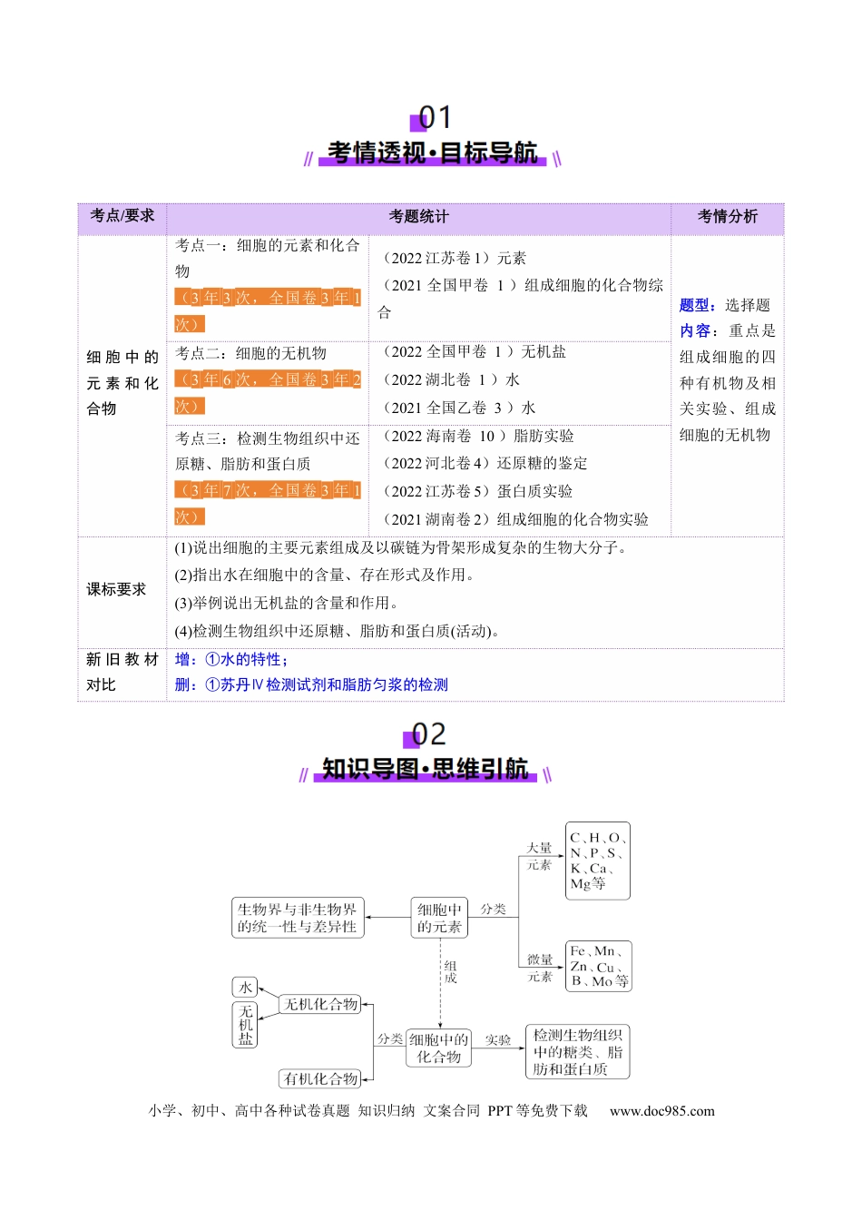 第02讲 细胞中的元素和化合物（讲义）（原卷版）.docx