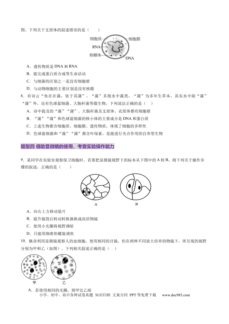 第01讲 走近细胞（练习）（原卷版）.docx