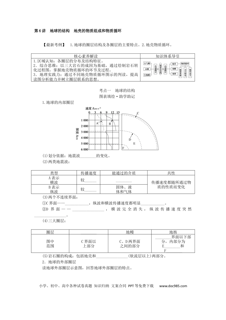 统考版2023版高三地理一轮复习第6讲地球的结构地壳的物质组成和物质循环学生用书.docx