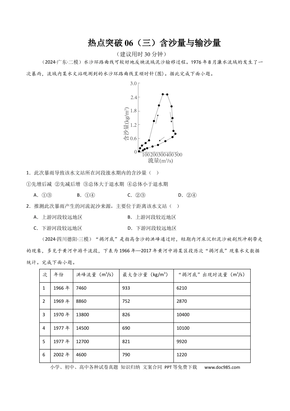 热点突破06（三）含沙量与输沙量-2025年高考地理一轮复习考点通关卷（新高考通用）（原卷版）.docx