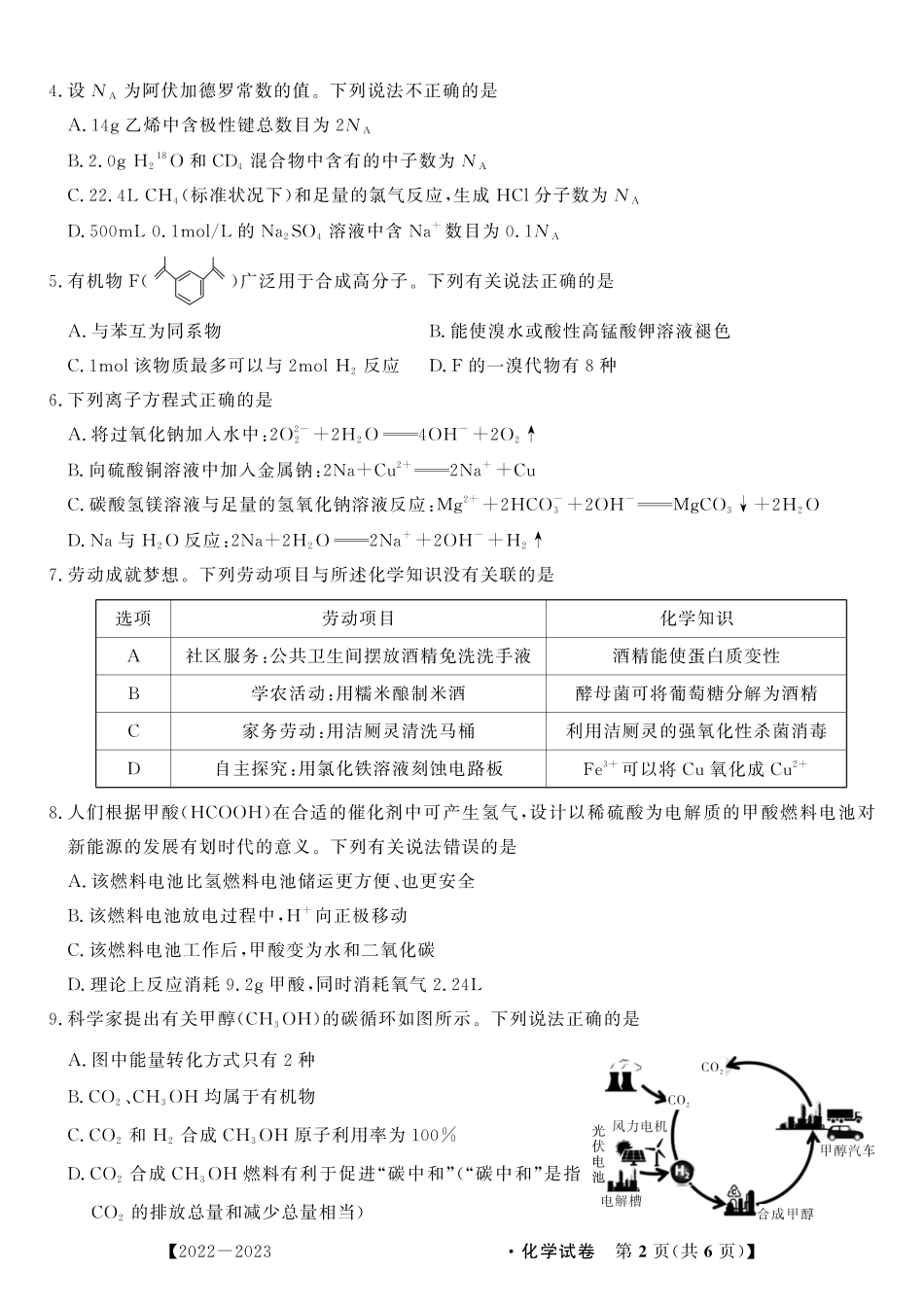 高考化学2023届高二开学联考化学试题.pdf