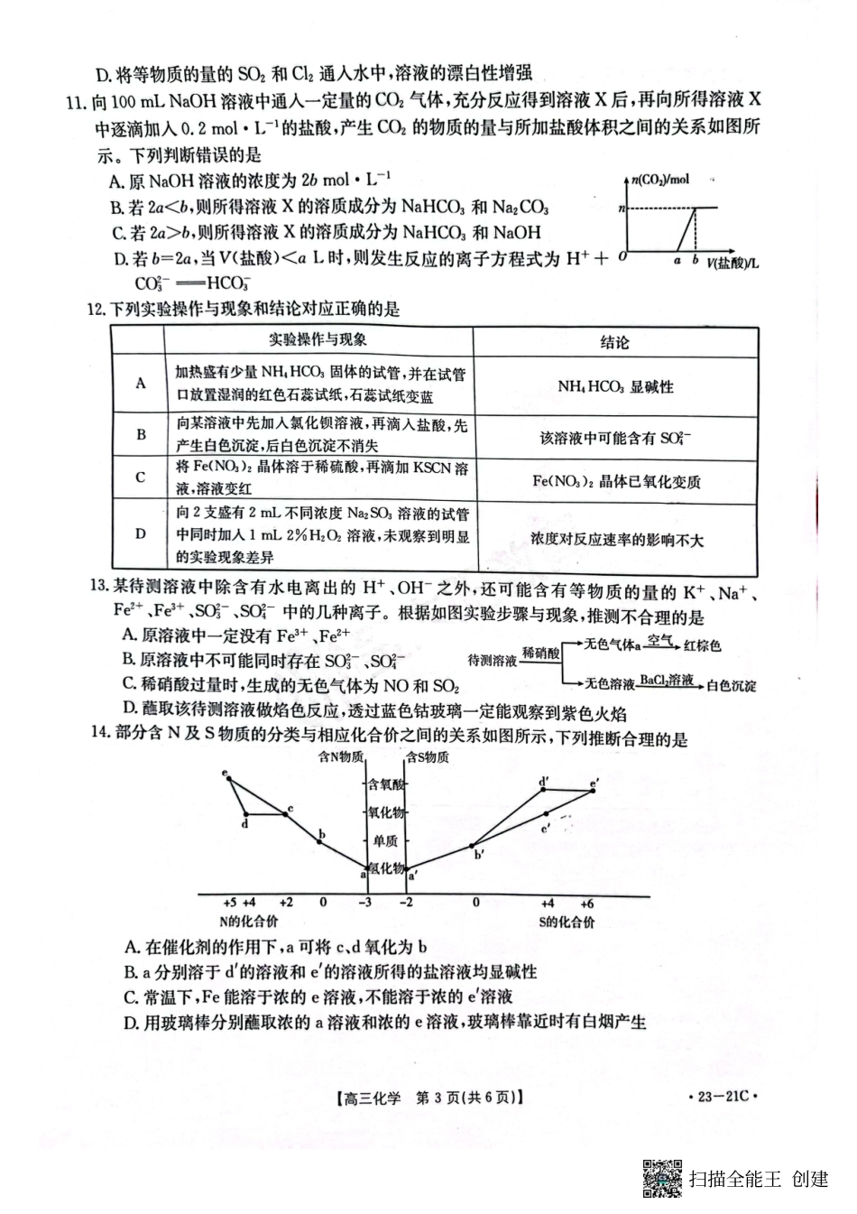 高考化学河南省名校2022-2023学年高三上学期阶段性考试（四）化学试题.pdf