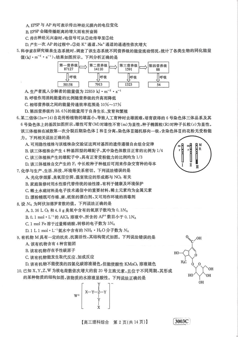 高考化学河南省安阳市第一中学等2校2022-2023学年高三下学期开学考试理综(1).pdf
