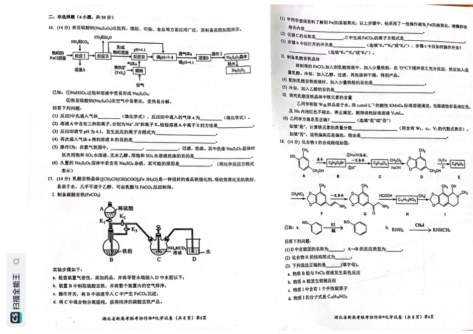 高考化学湖北省新高考联考协作体2022-2023学年高三上学期起点考试化学试题.pdf