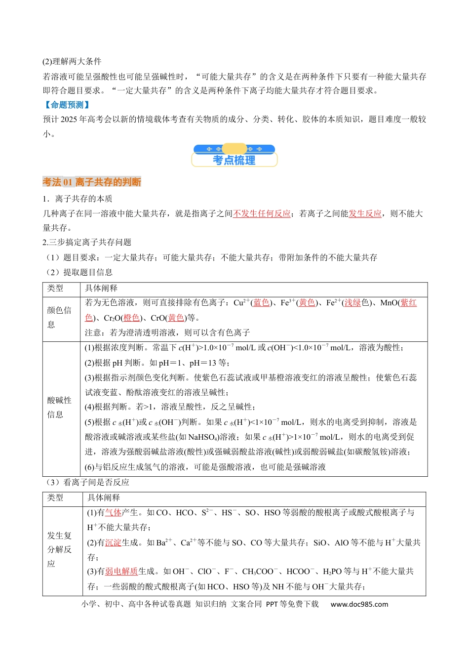 高考化学考点03  离子共存  离子检验与推断（核心考点精讲精练）-备战2025年高考化学一轮复习考点帮（新高考通用）（解析版）.docx