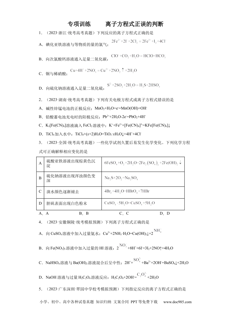 高考化学离子方程式的正误判断（原卷版）.docx
