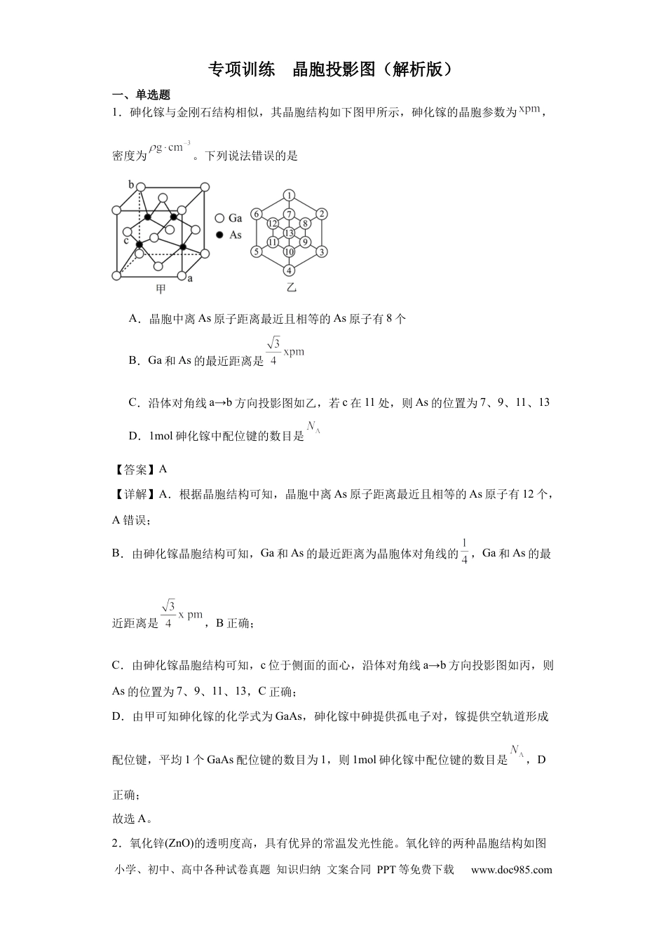 高考化学专项训练   晶胞投影图（解析版）.docx