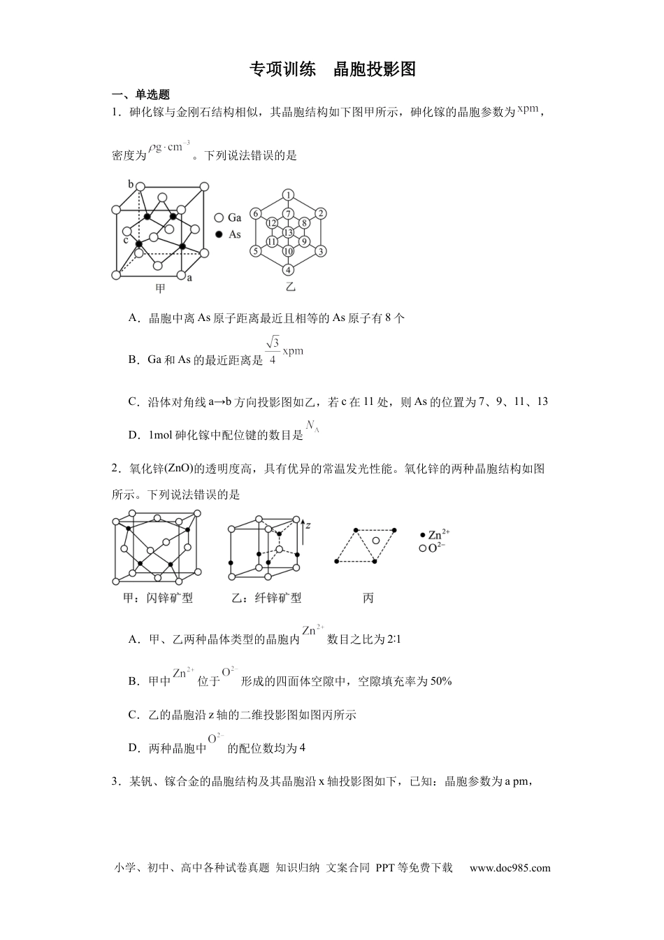 高考化学专项训练   晶胞投影图（原卷版）.docx