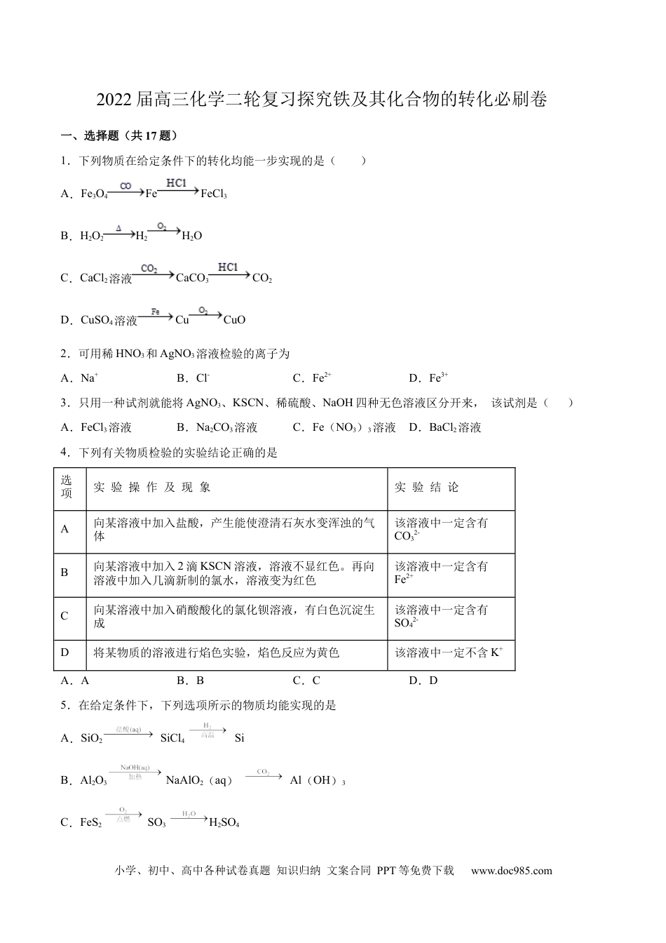 高考化学2022届高三化学二轮复习探究铁及其化合物的转化专题练习（word版含解析）.docx