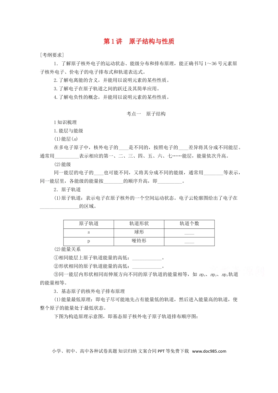 高考化学2022届高考化学一轮复习11.1原子结构与性质学案202106071118.doc