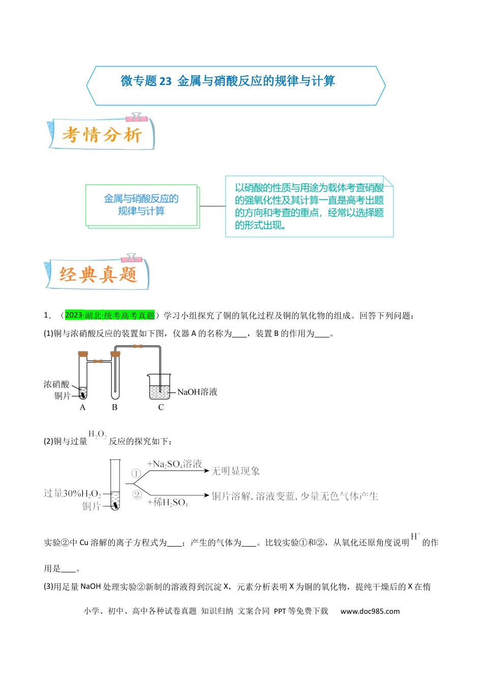 高考化学【升级版】微专题23  金属与硝酸反应的规律与计算（原卷版）(全国版) .docx
