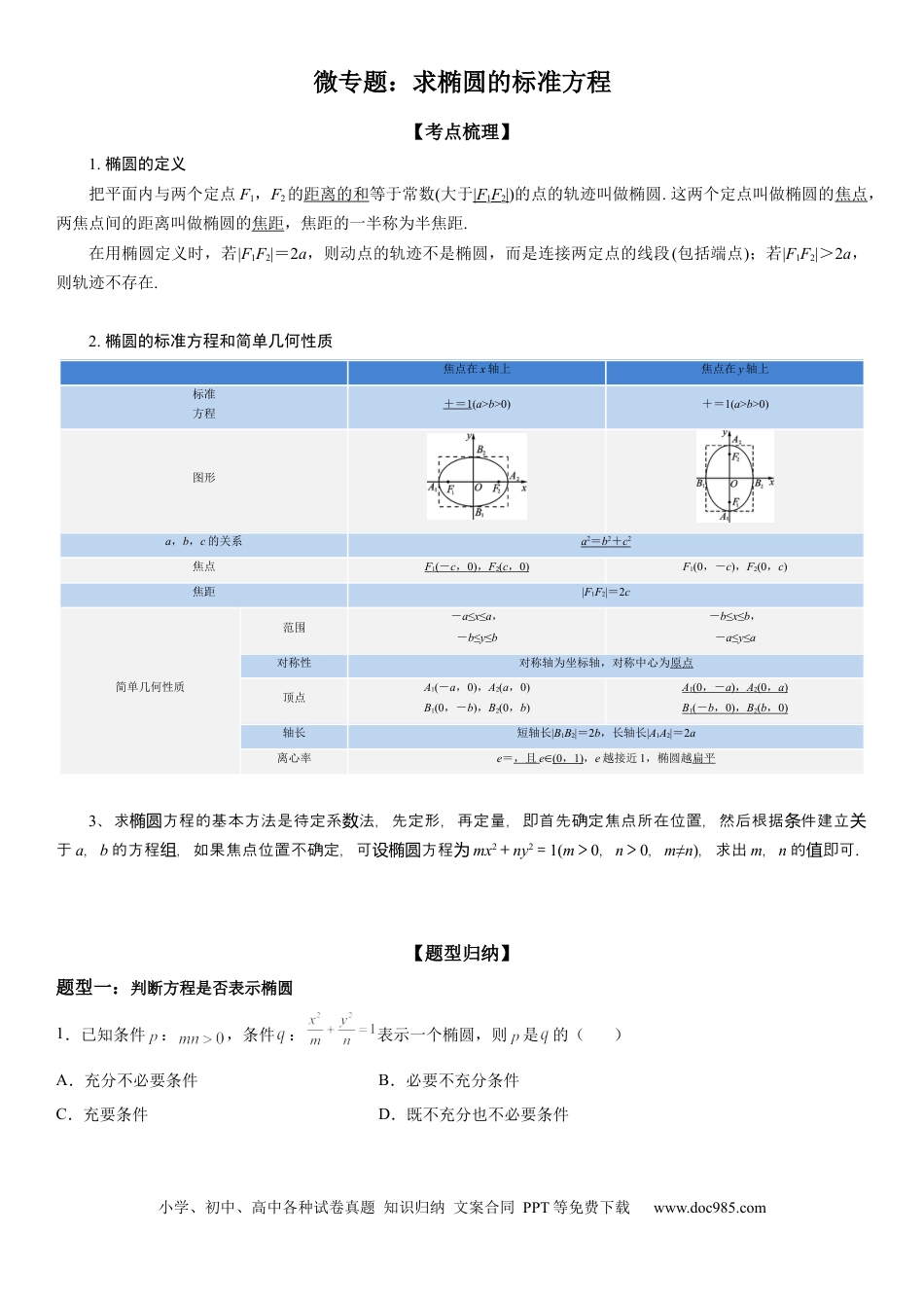 高考数学微专题 求椭圆的标准方程 学案——2023届高考数学一轮《考点·题型·技巧》精讲与精练.docx