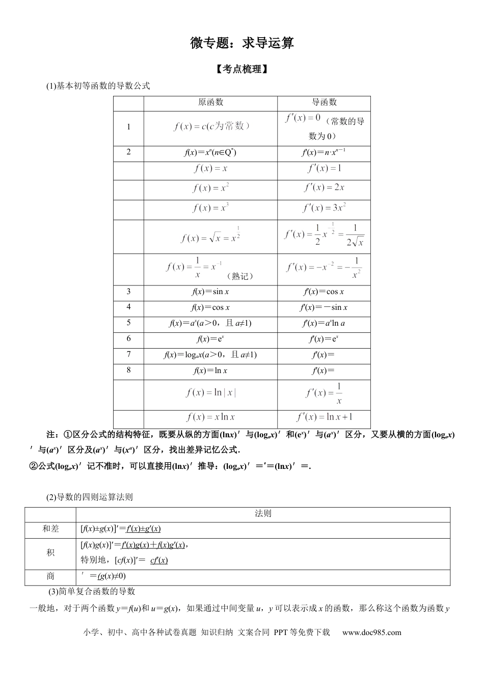 高考数学微专题 求导运算 学案——2023届高考数学一轮《考点·题型·技巧》精讲与精练.docx