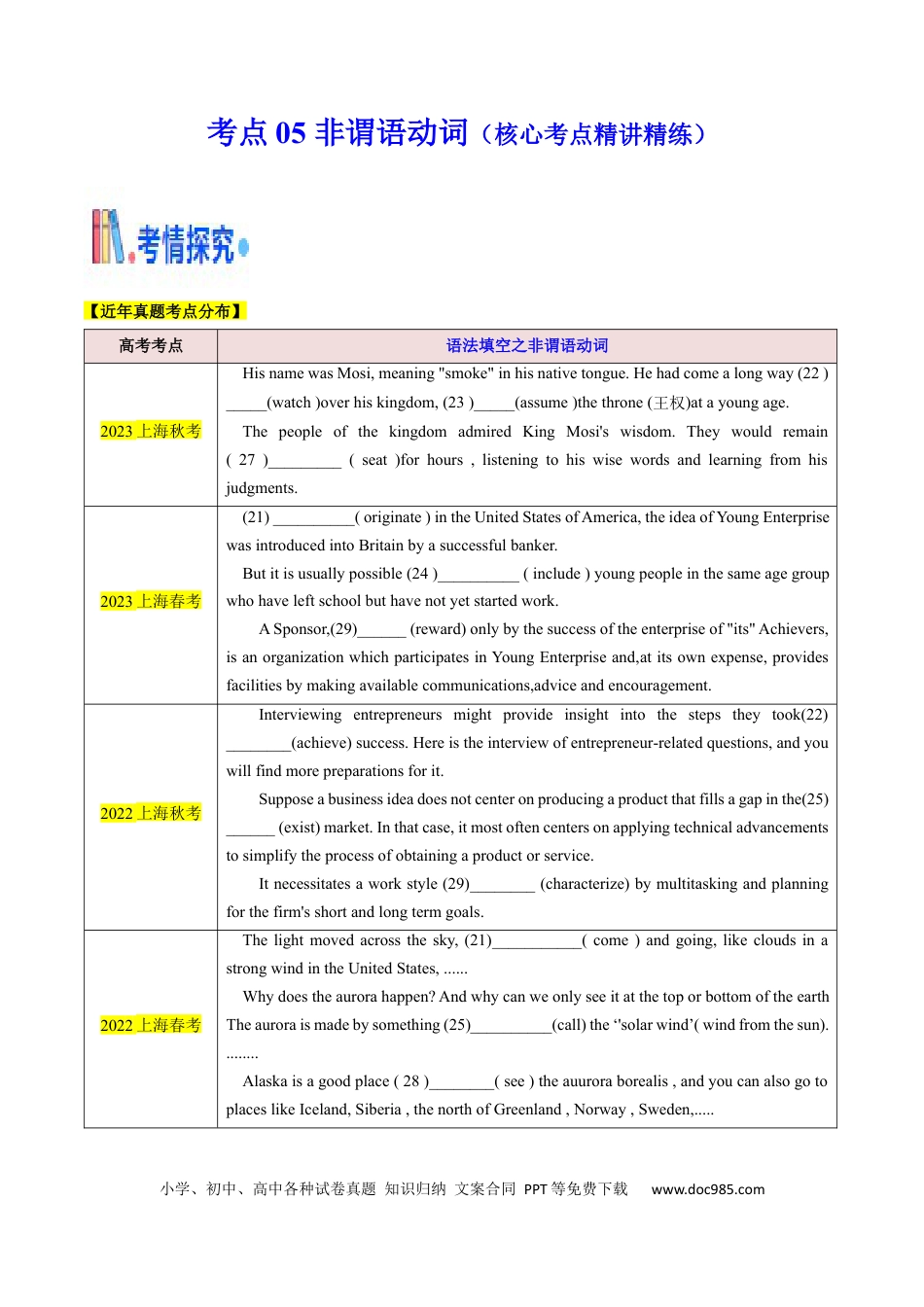 高考英语考点05 语法填空之非谓语动词（核心考点精讲精练）（原题版）.docx
