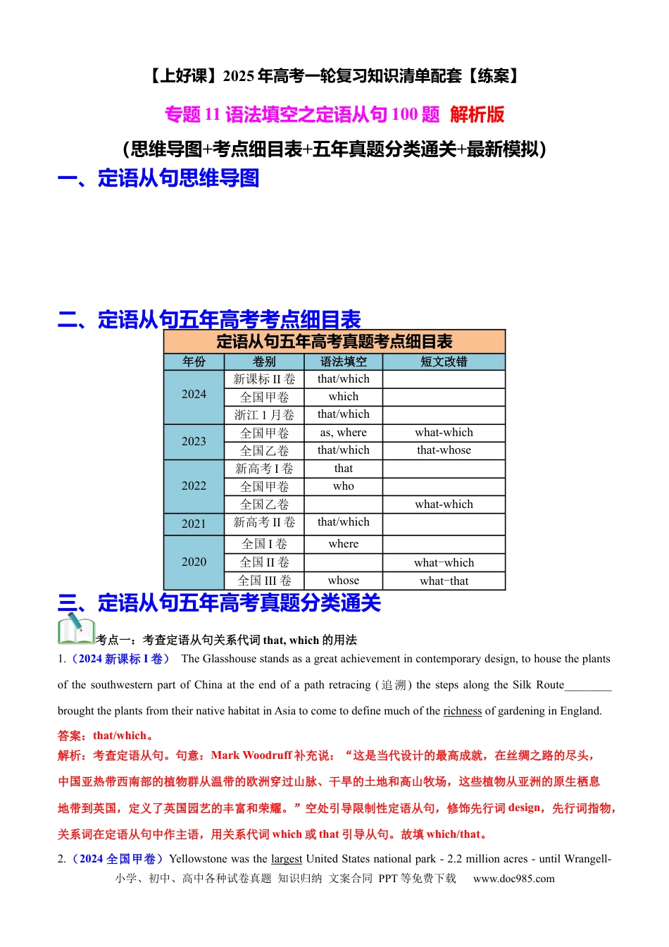 高考英语专题11 语法填空之定语从句100题（练案） 解析版.docx