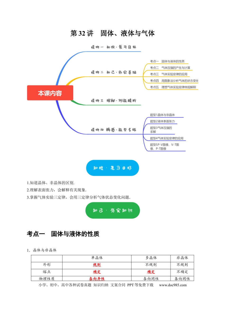 高考物理第32讲　固体、液体与气体（解析版）.docx