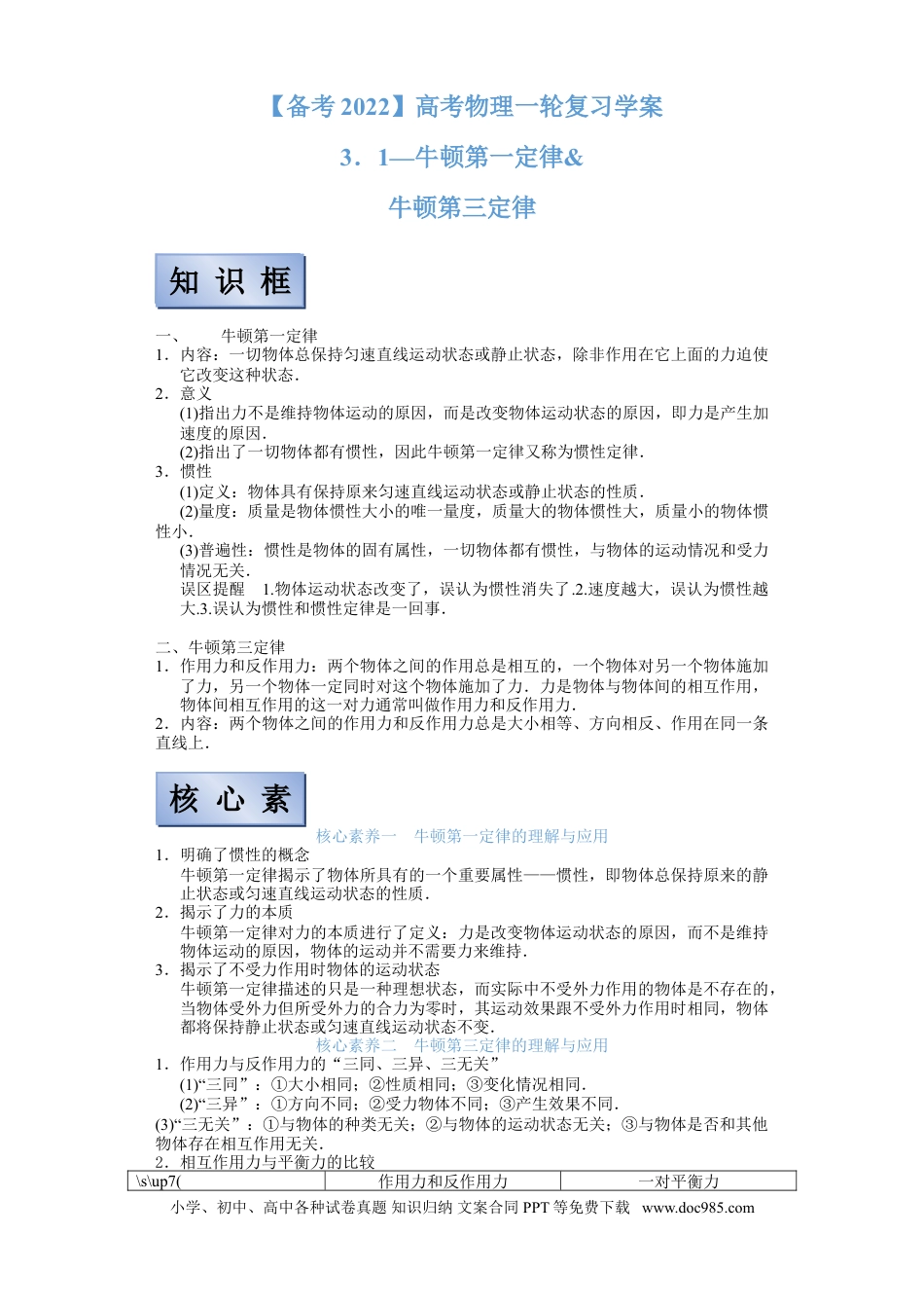 高考物理【备考2022】高考物理一轮复习学案  3.1牛顿第一定律 牛顿第三定律 有解析.doc