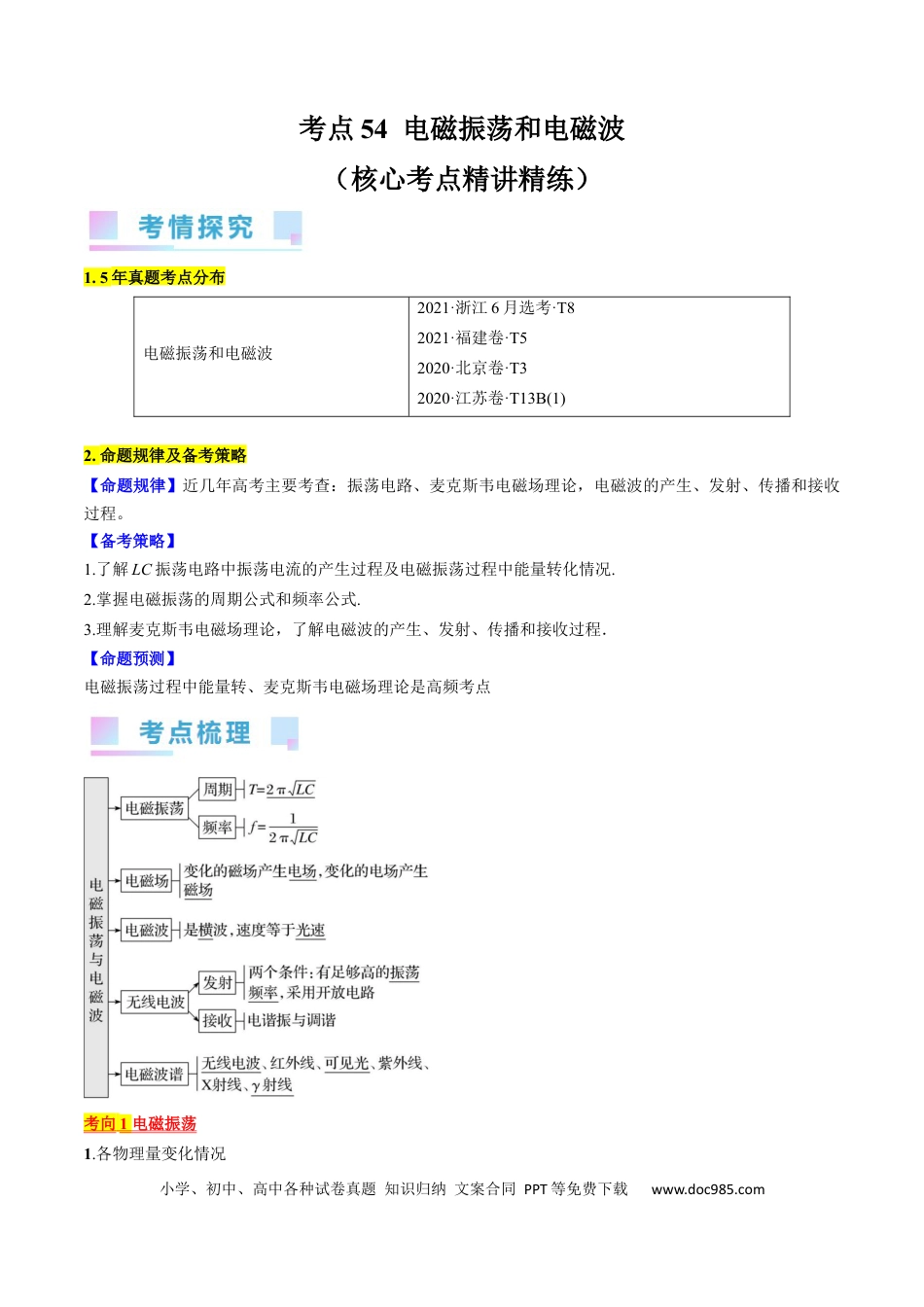 高考物理考点54  电磁振荡和电磁波（原卷版）.docx